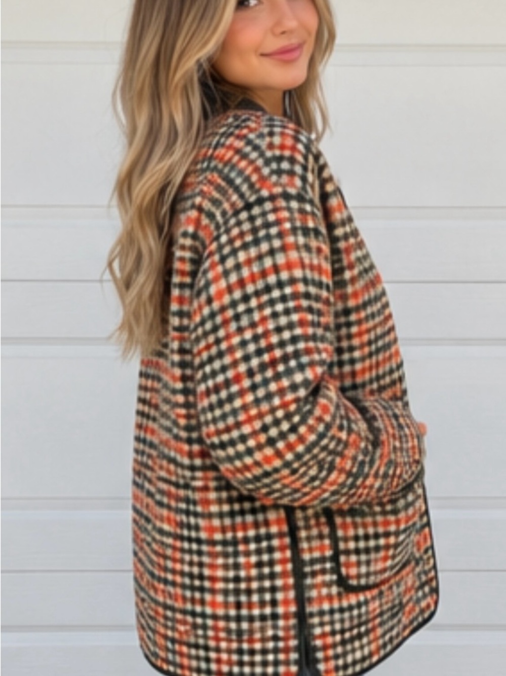Rachel Zoe Plaid Open-Front Blazer in Orange, Green & Cream